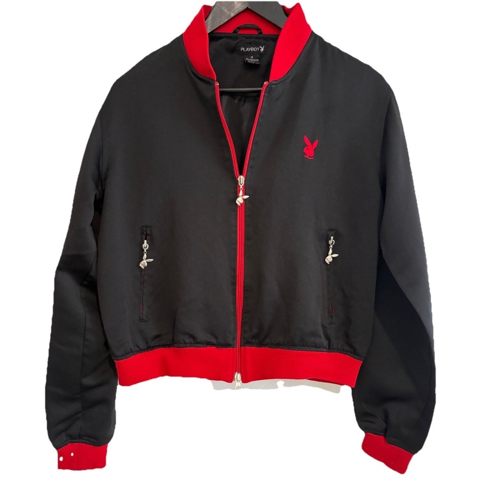 Rare Vintage Playboy Black Satin bomber jacket Red Accents silver hardware MED